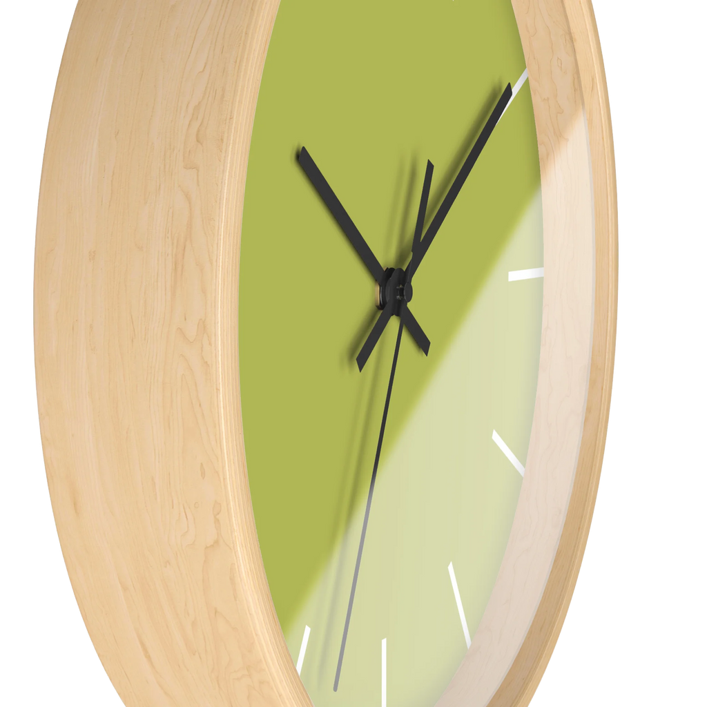 Orchid lime green silent wall clock, wooden base, black hands, white markers, 10 inch, side view.