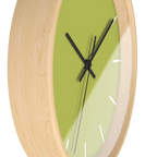 Orchid lime green silent wall clock, wooden base, black hands, white markers, 10 inch, side view.