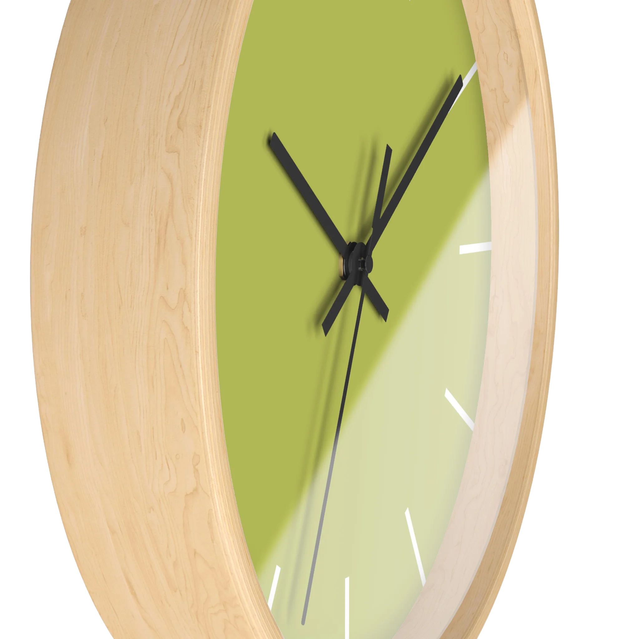 Orchid lime green silent wall clock, wooden base, black hands, white markers, 10 inch, side view.