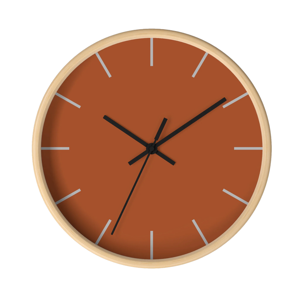 Paarl terracotta silent wall clock, wooden base, black hands, ivory grey markers, 10 inch, front view.