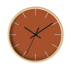 Paarl terracotta silent wall clock, wooden base, black hands, ivory grey markers, 10 inch, front view.
