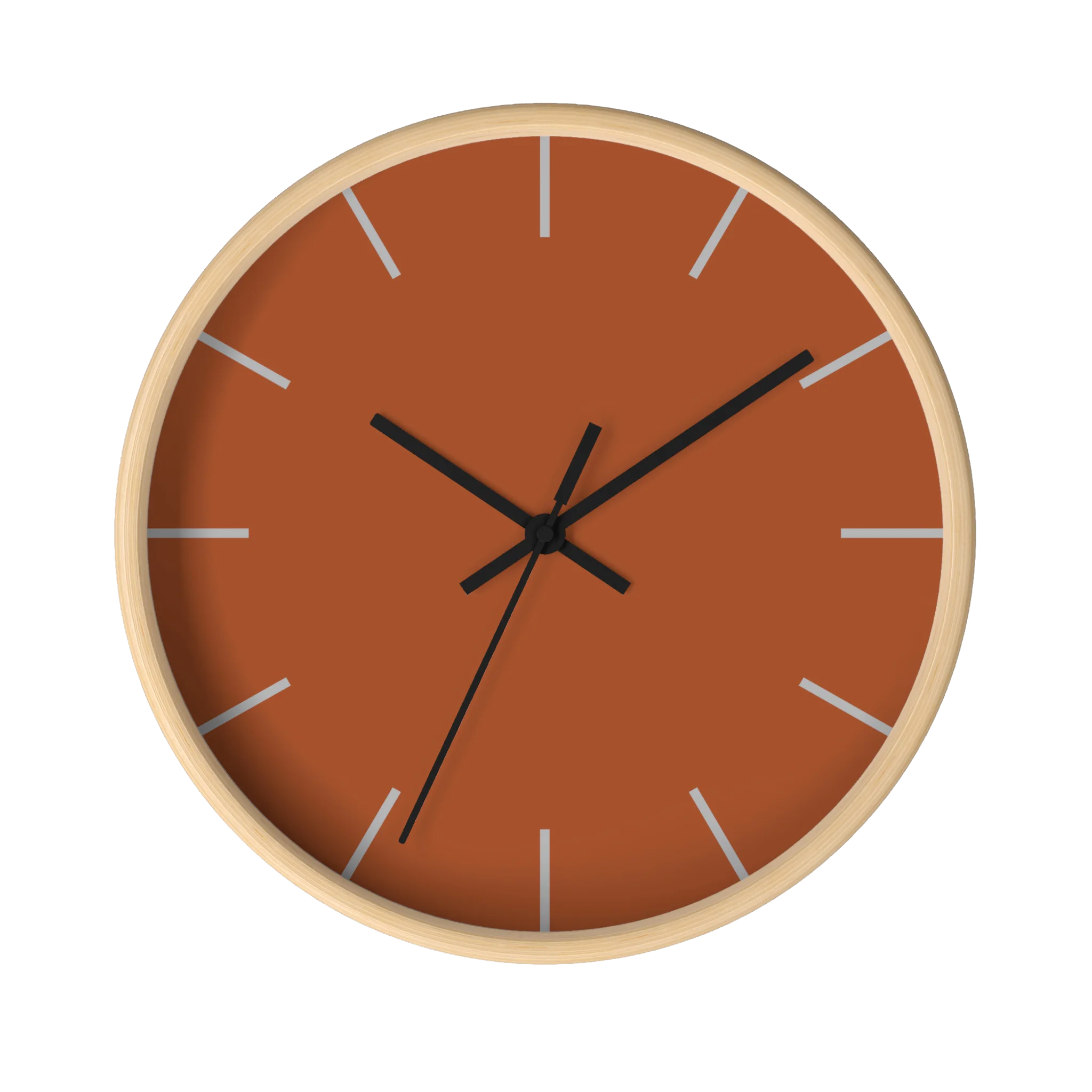 Paarl terracotta silent wall clock, wooden base, black hands, ivory grey markers, 10 inch, front view.