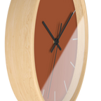 Paarl terracotta silent wall clock, wooden base, black hands, ivory grey markers, 10 inch, side view.