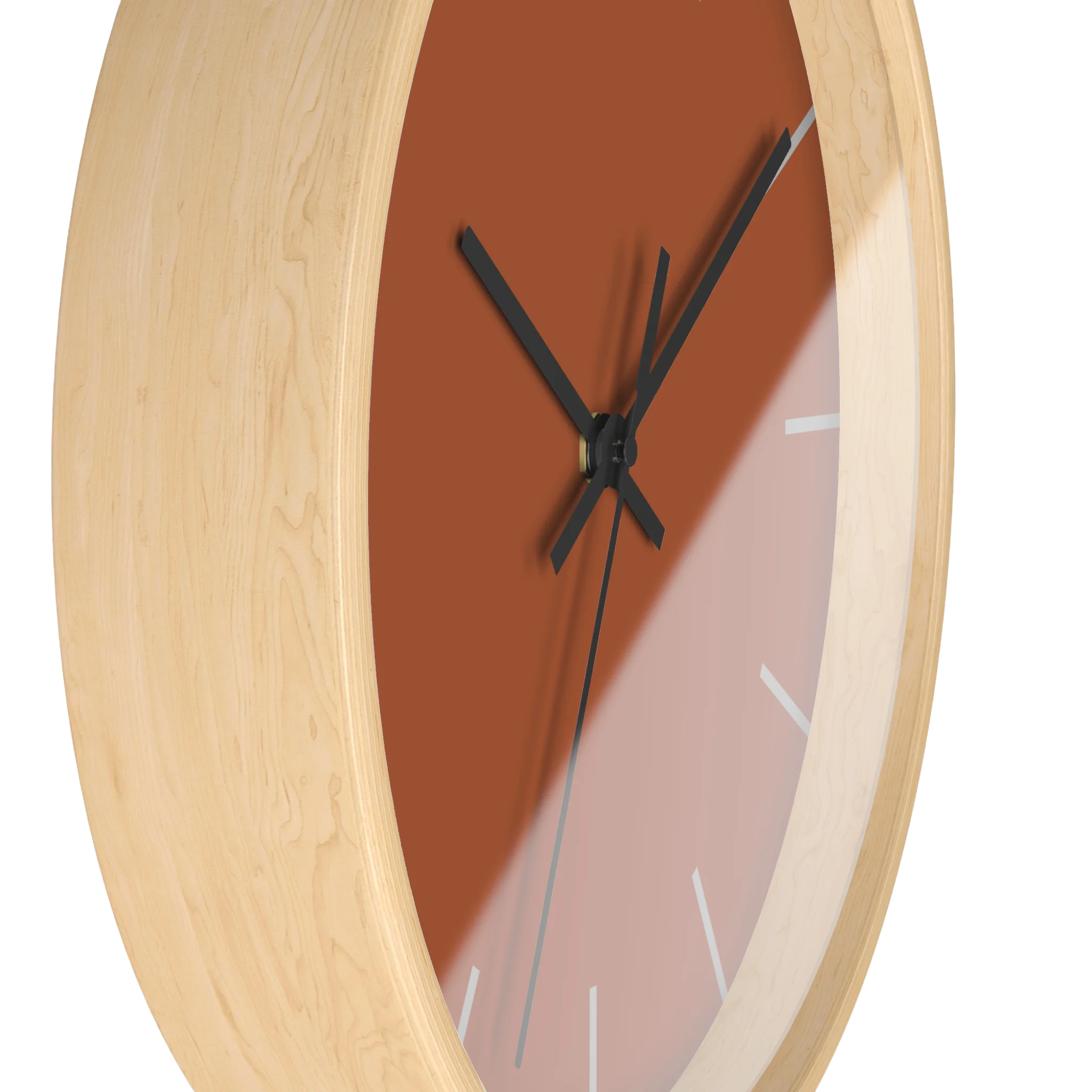Paarl terracotta silent wall clock, wooden base, black hands, ivory grey markers, 10 inch, side view.