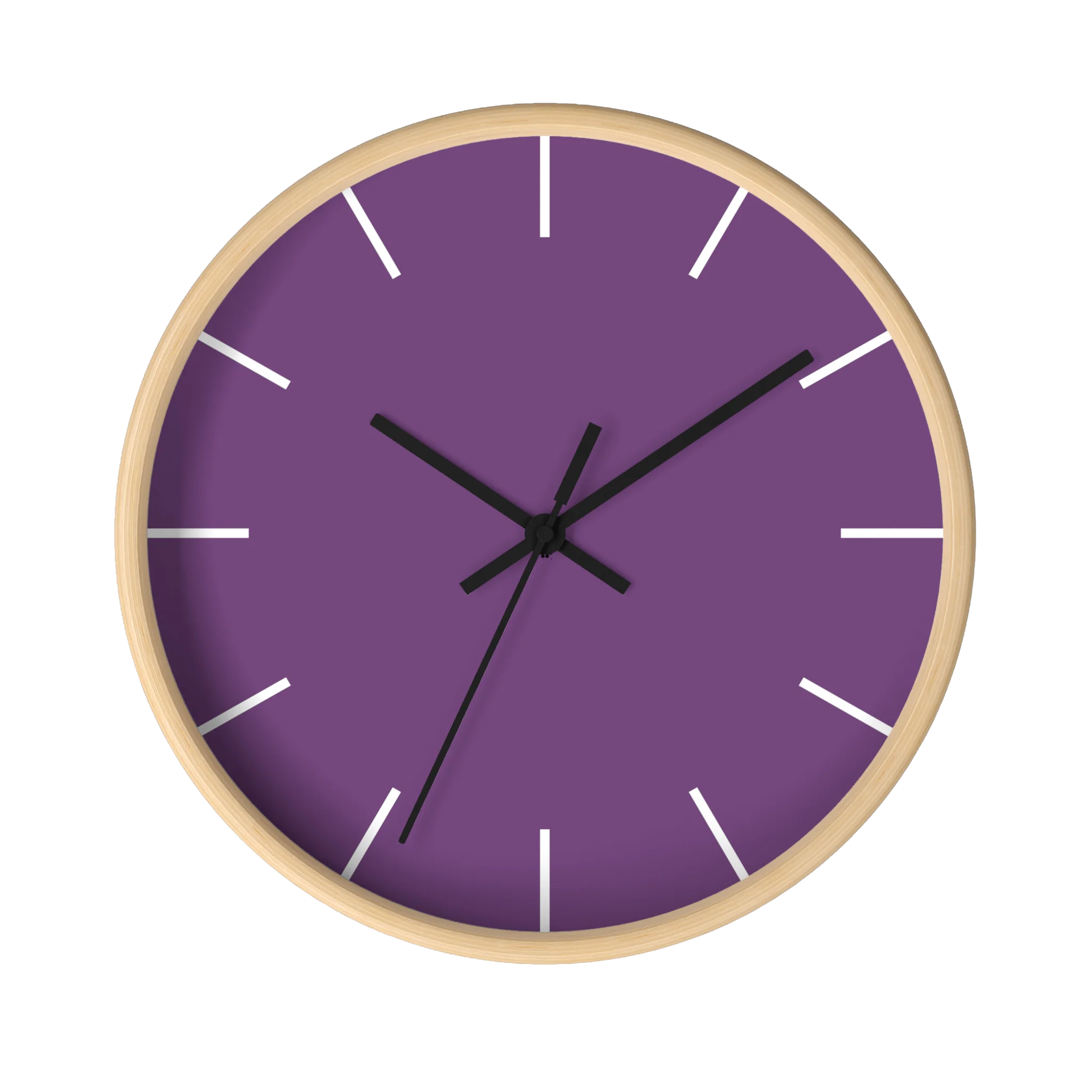 Purple silent wall clock, wooden base, black hands, white markers, 10 inch, front view.