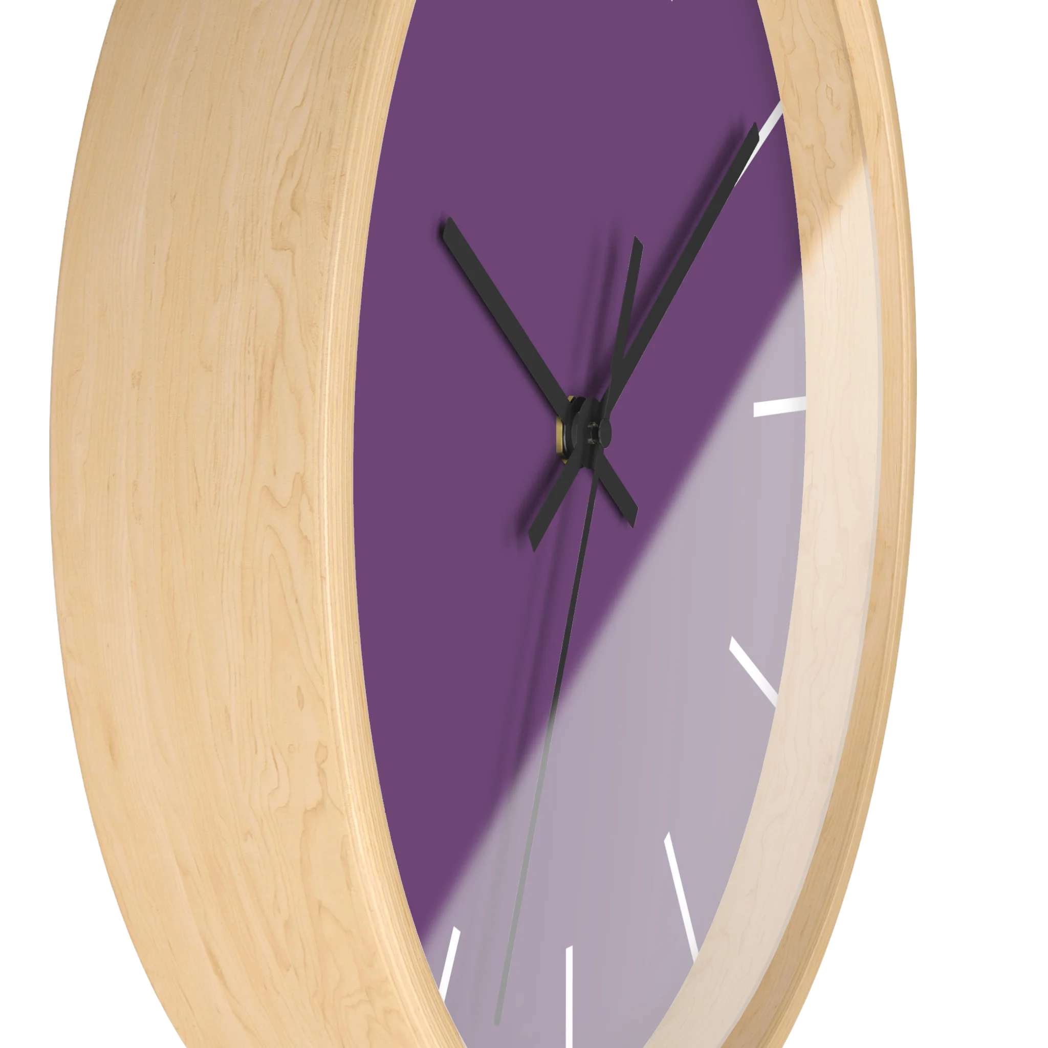 Purple silent wall clock, wooden base, black hands, white markers, 10 inch, side view.