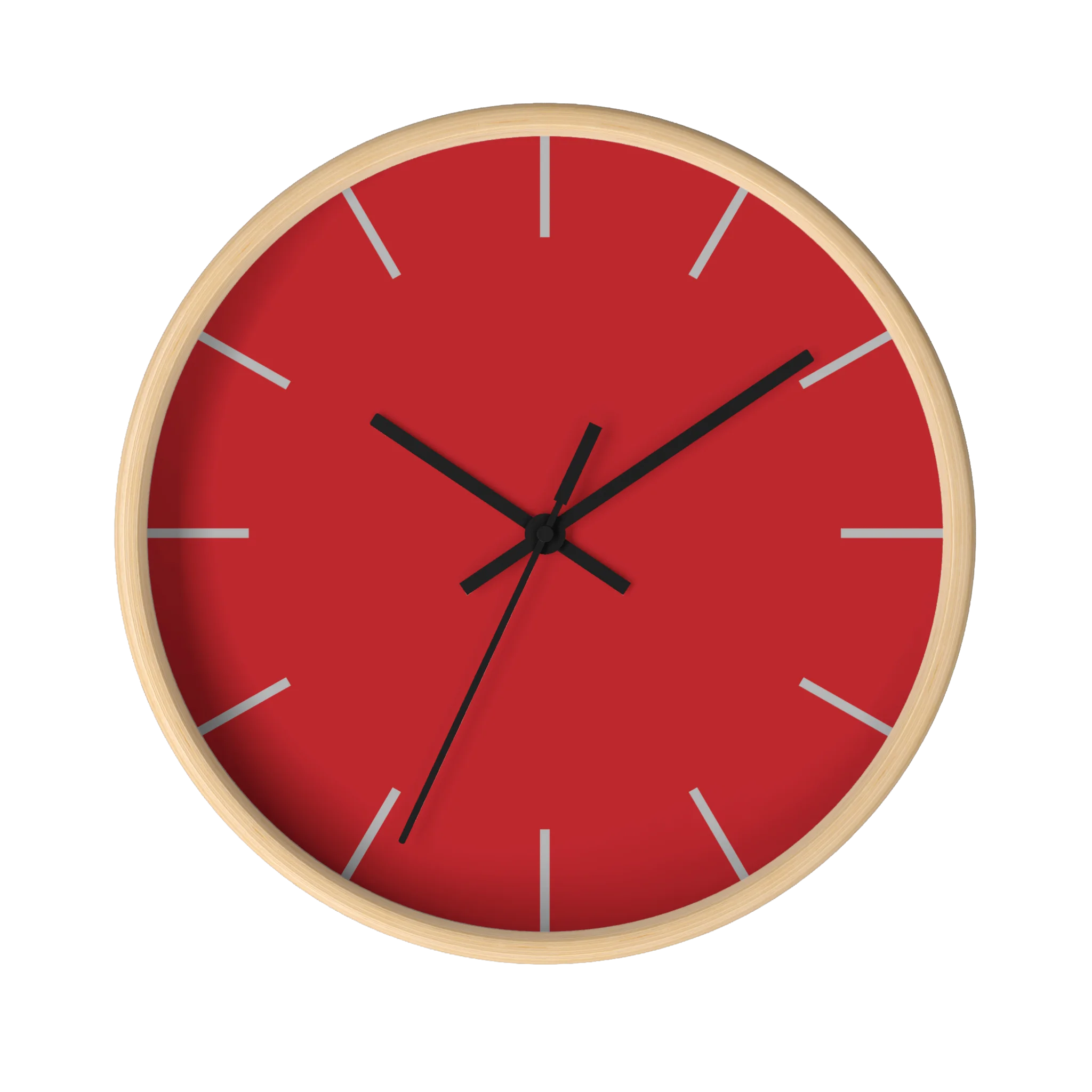 Red silent wall clock, wooden base, black hands, grey markers, 10 inch, front view.