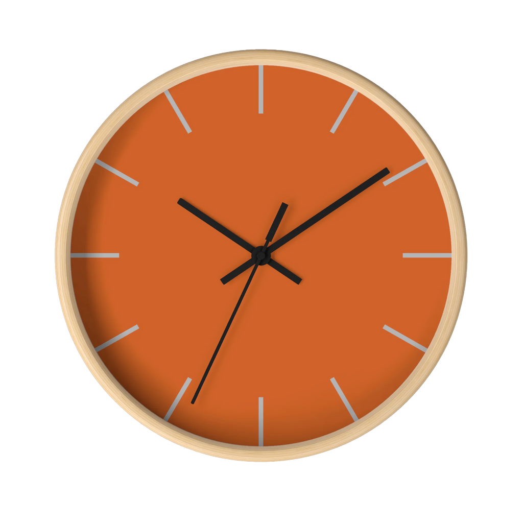Roman earth rust orange silent wall clock, wooden base, black hands, light grey markers, 10 inch, front view.