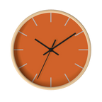 Roman earth rust orange silent wall clock, wooden base, black hands, light grey markers, 10 inch, front view.
