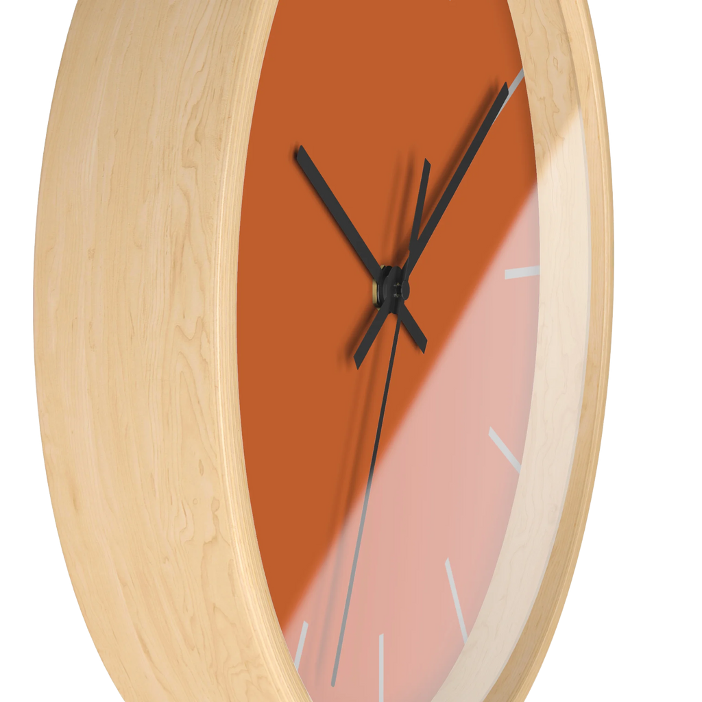 Roman earth rust orange silent wall clock, wooden base, black hands, light grey markers, 10 inch, side view.