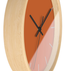 Roman earth rust orange silent wall clock, wooden base, black hands, light grey markers, 10 inch, side view.
