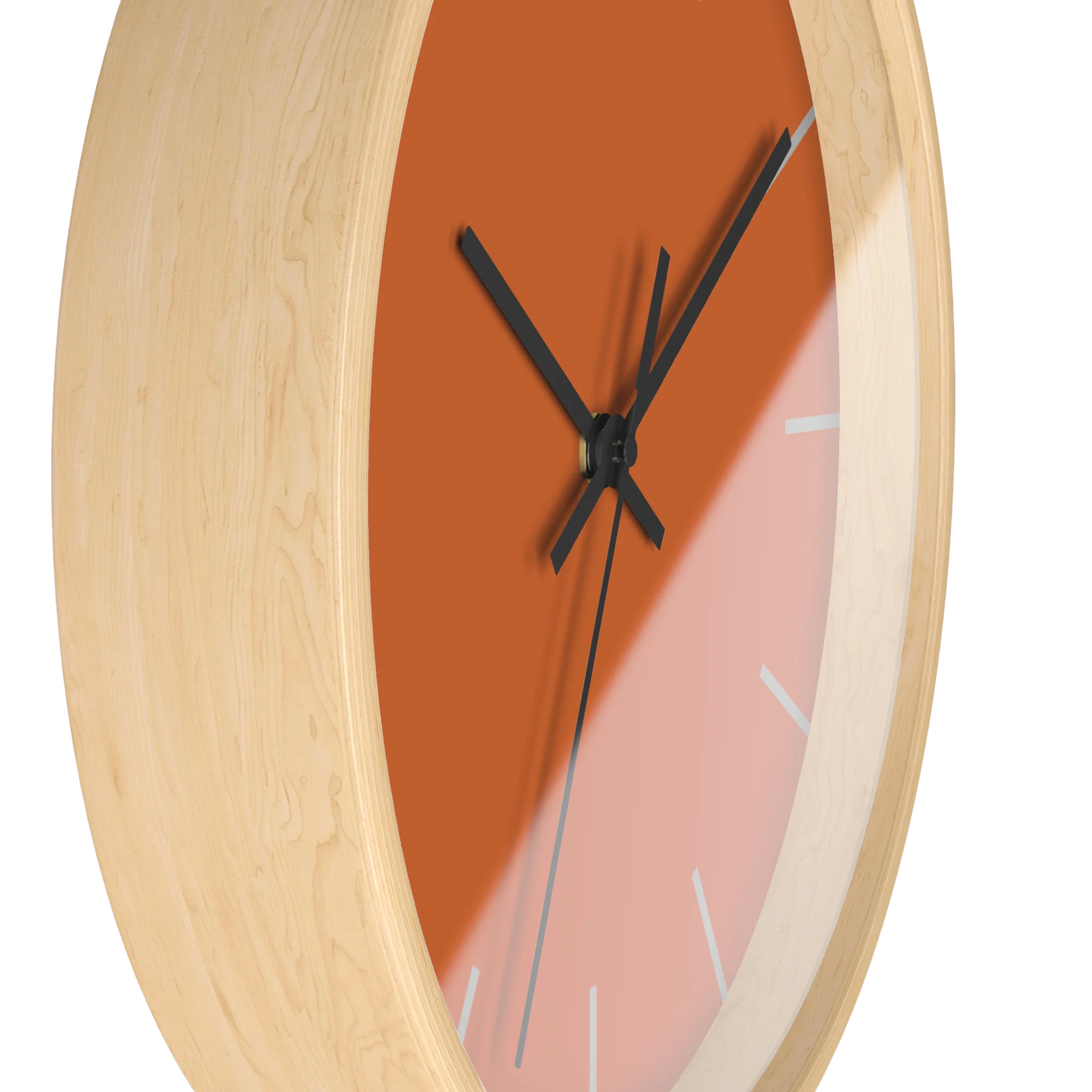 Roman earth rust orange silent wall clock, wooden base, black hands, light grey markers, 10 inch, side view.