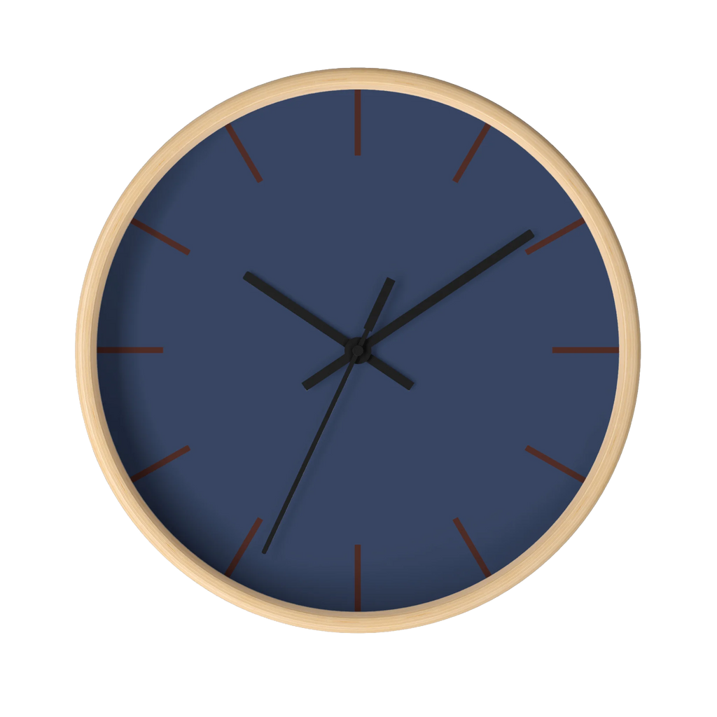 Rugged blue navy silent wall clock, wooden base, black hands, country brown markers, 10 inch, front view.