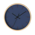Rugged blue navy silent wall clock, wooden base, black hands, country brown markers, 10 inch, front view.