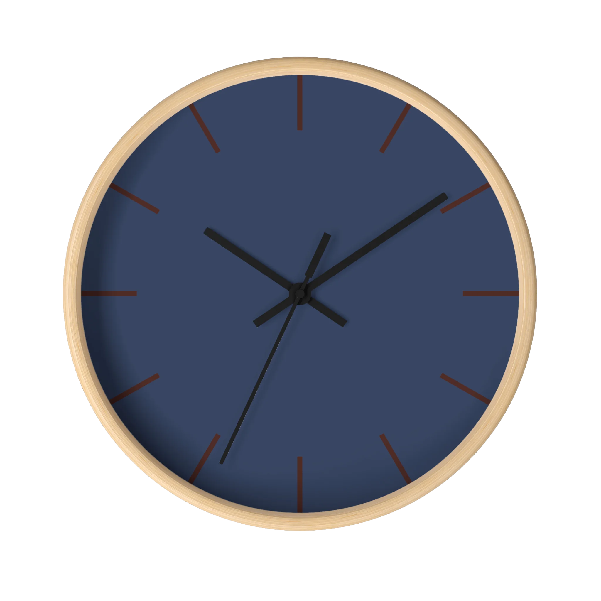 Rugged blue navy silent wall clock, wooden base, black hands, country brown markers, 10 inch, front view.