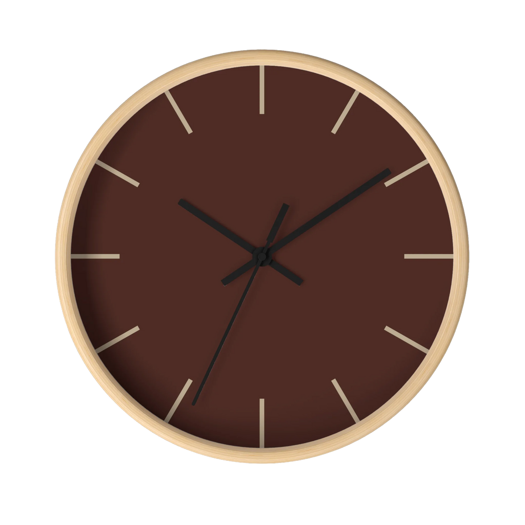 Saddle brown silent wall clock, wooden base, black hands, jute markers, 10 inch, front view.