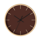 Saddle brown silent wall clock, wooden base, black hands, jute markers, 10 inch, front view.