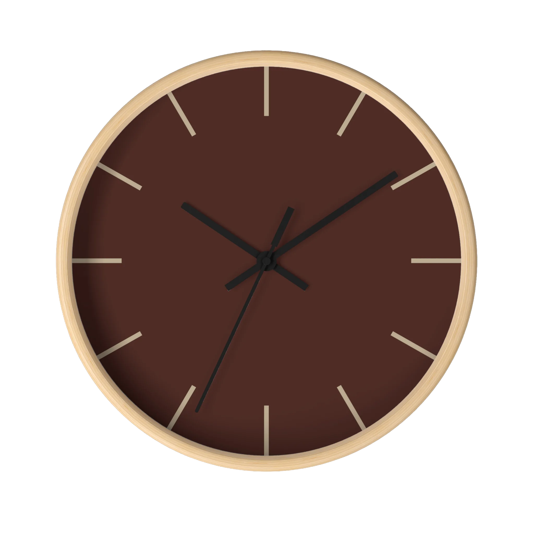 Saddle brown silent wall clock, wooden base, black hands, jute markers, 10 inch, front view.