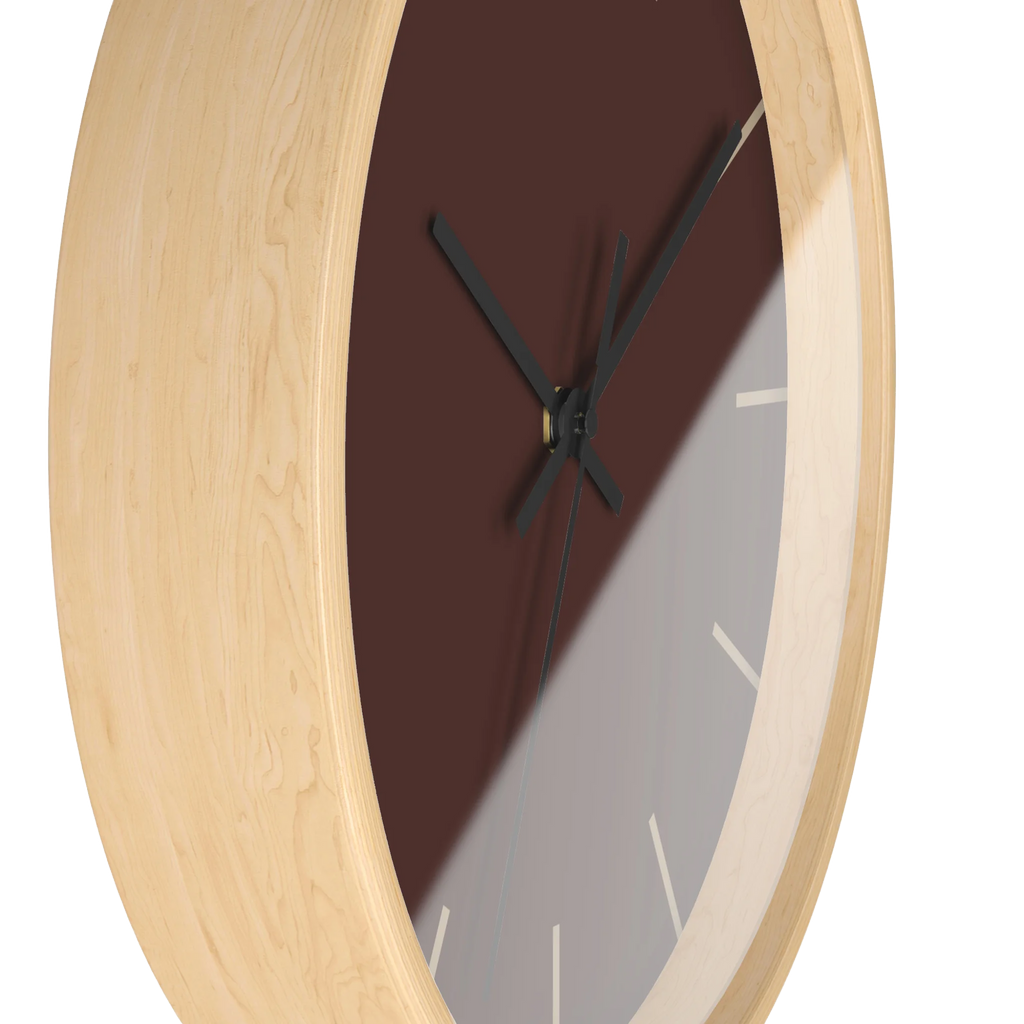 Saddle brown silent wall clock, wooden base, black hands, jute markers, 10 inch, side view.