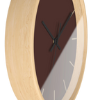 Saddle brown silent wall clock, wooden base, black hands, jute markers, 10 inch, side view.