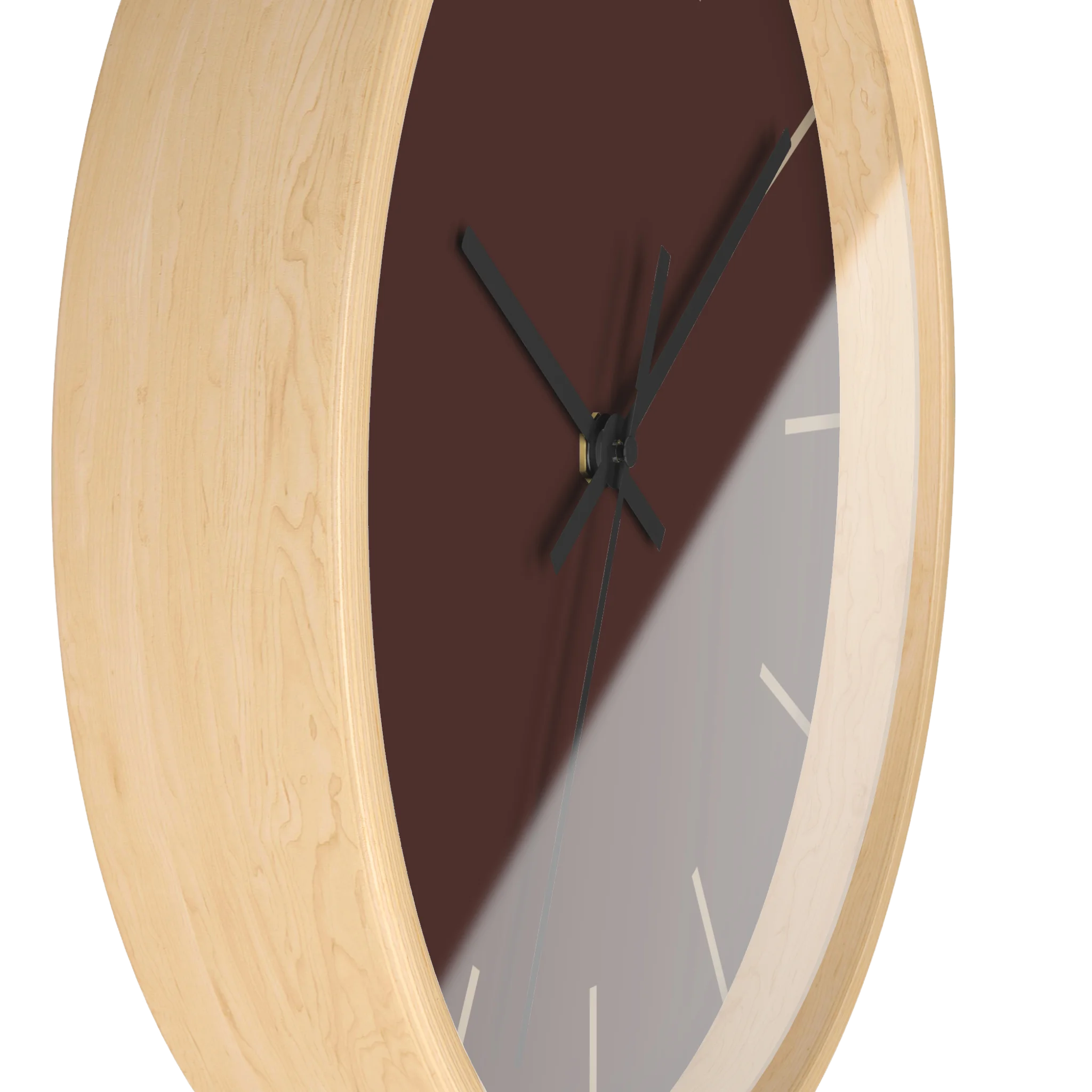 Saddle brown silent wall clock, wooden base, black hands, jute markers, 10 inch, side view.