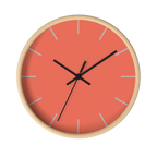Salmon red coral silent wall clock, wooden base, black hands, light grey markers, 10 inch, front view.