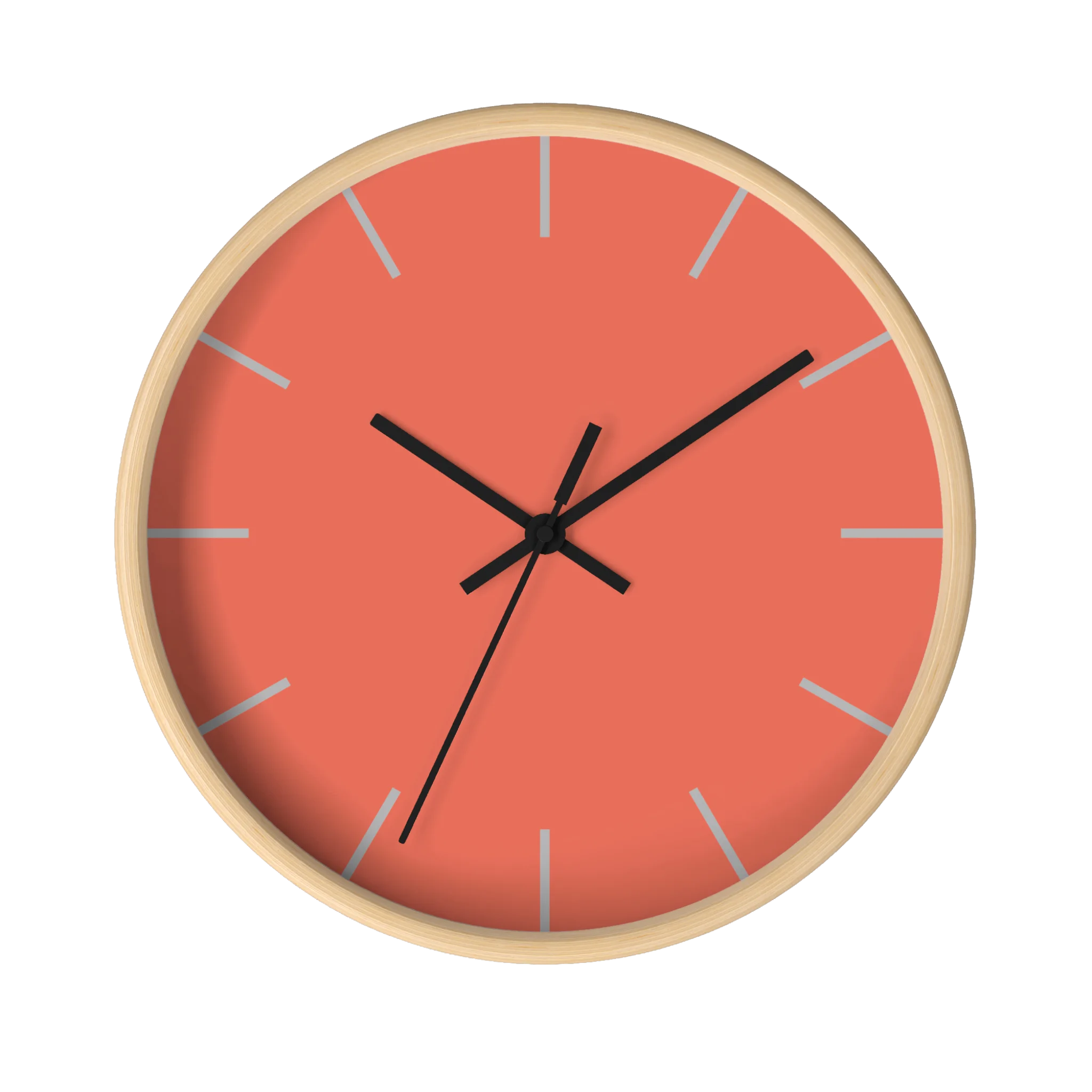 Salmon red coral silent wall clock, wooden base, black hands, light grey markers, 10 inch, front view.