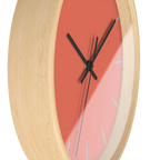 Salmon red coral silent wall clock, wooden base, black hands, light grey markers, 10 inch, side view.