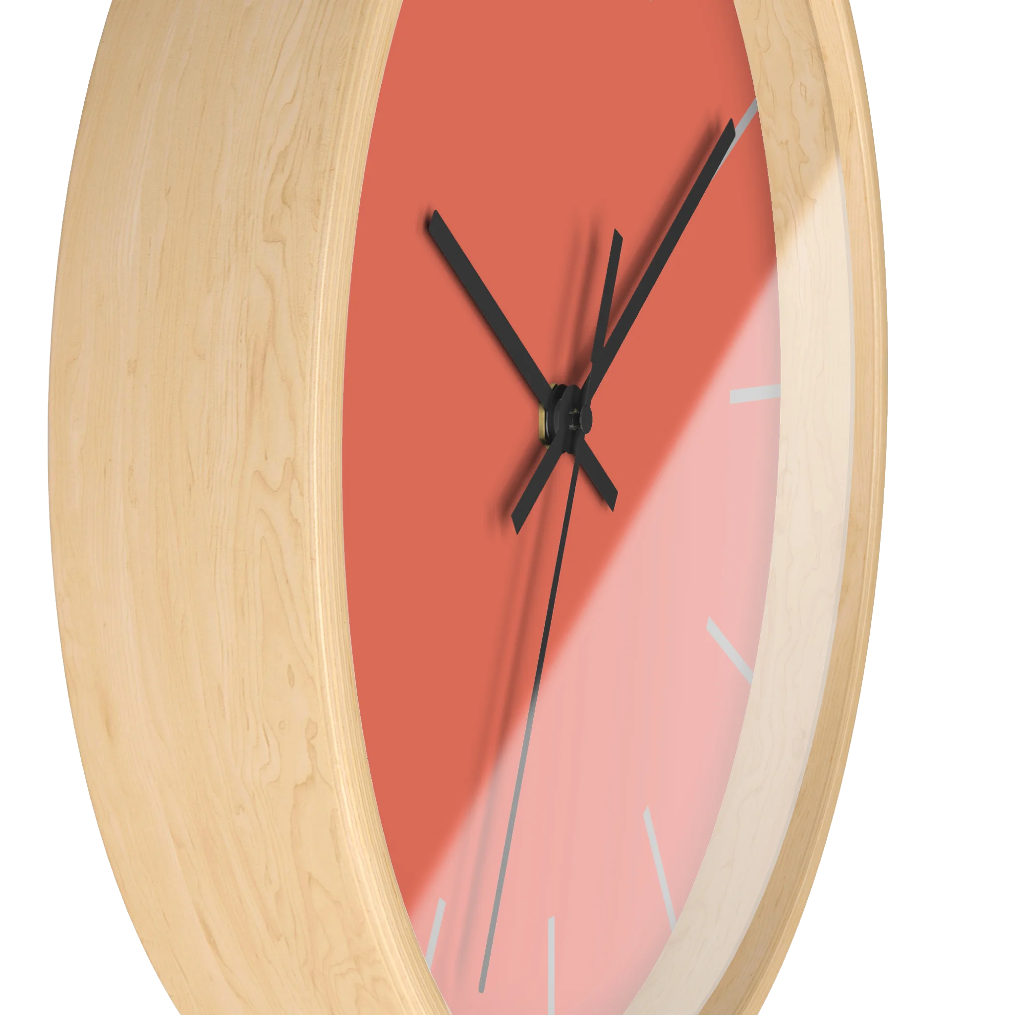 Salmon red coral silent wall clock, wooden base, black hands, light grey markers, 10 inch, side view.