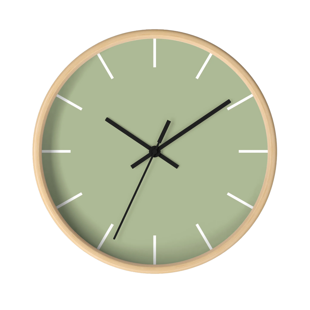 Schist green silent wall clock, wooden base, black hands, white markers, 10 inch, front view.