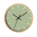 Schist green silent wall clock, wooden base, black hands, white markers, 10 inch, front view.
