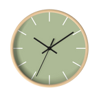 Schist green silent wall clock, wooden base, black hands, white markers, 10 inch, front view.