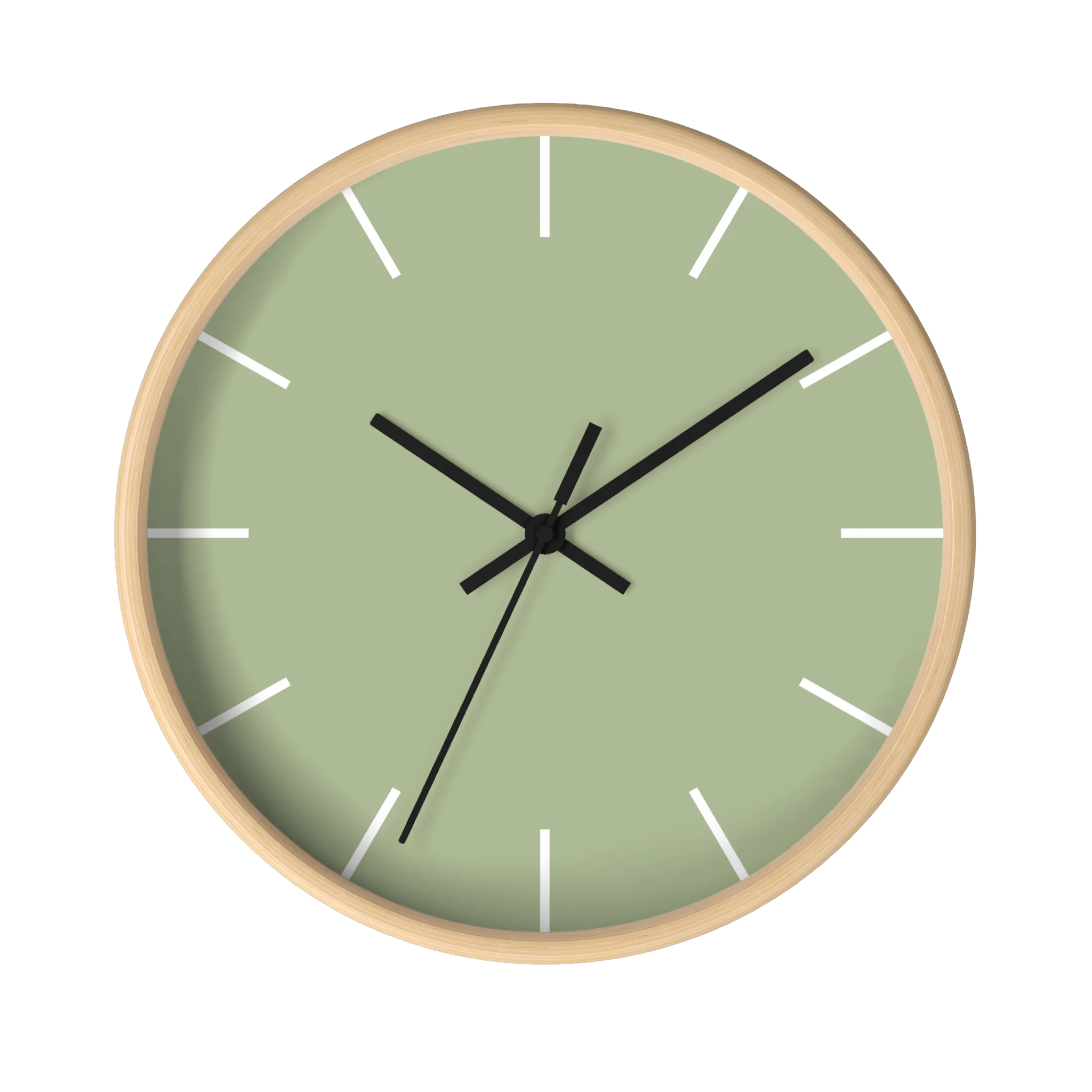 Schist green silent wall clock, wooden base, black hands, white markers, 10 inch, front view.
