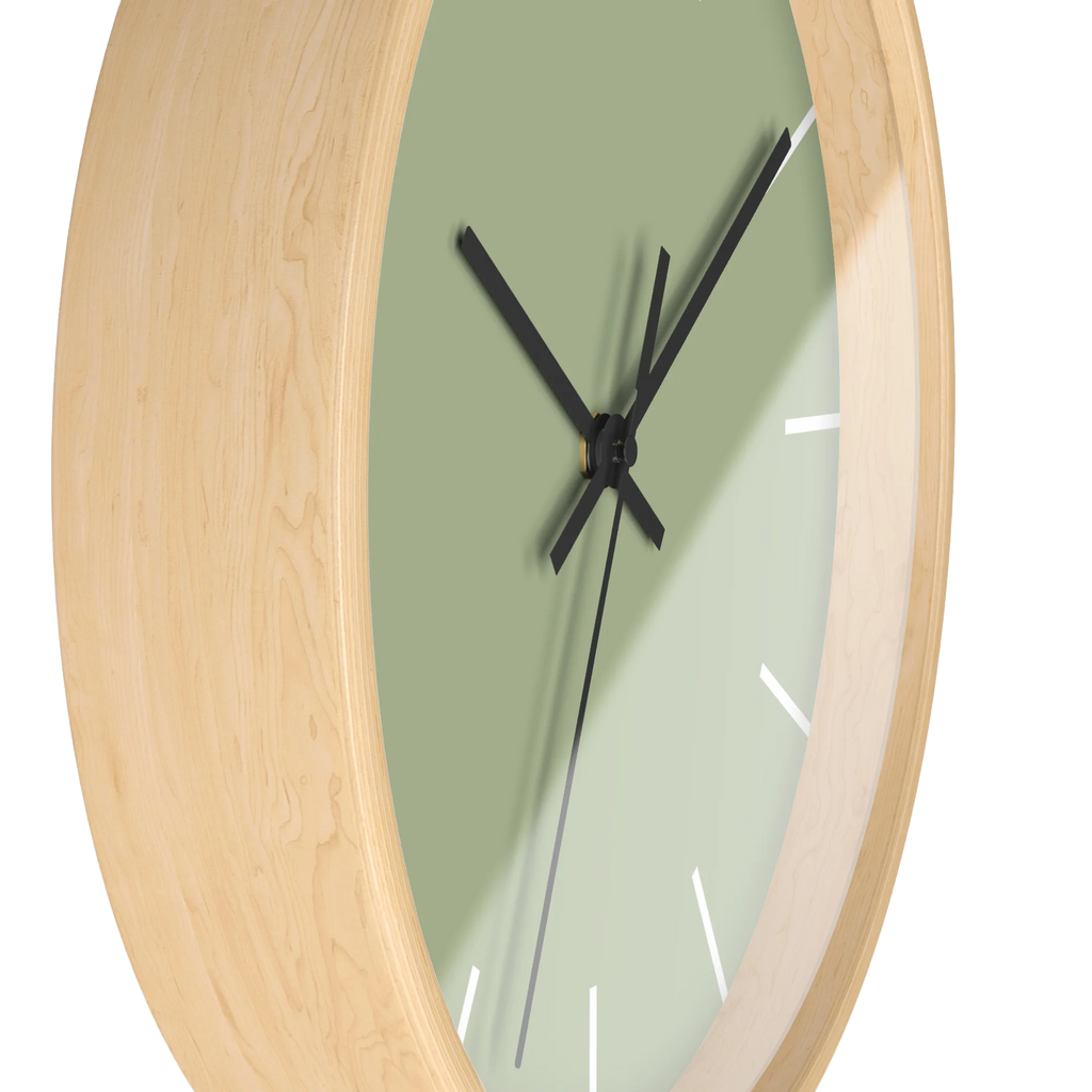 Schist green silent wall clock, wooden base, black hands, white markers, 10 inch, side view.