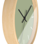 Schist green silent wall clock, wooden base, black hands, white markers, 10 inch, side view.