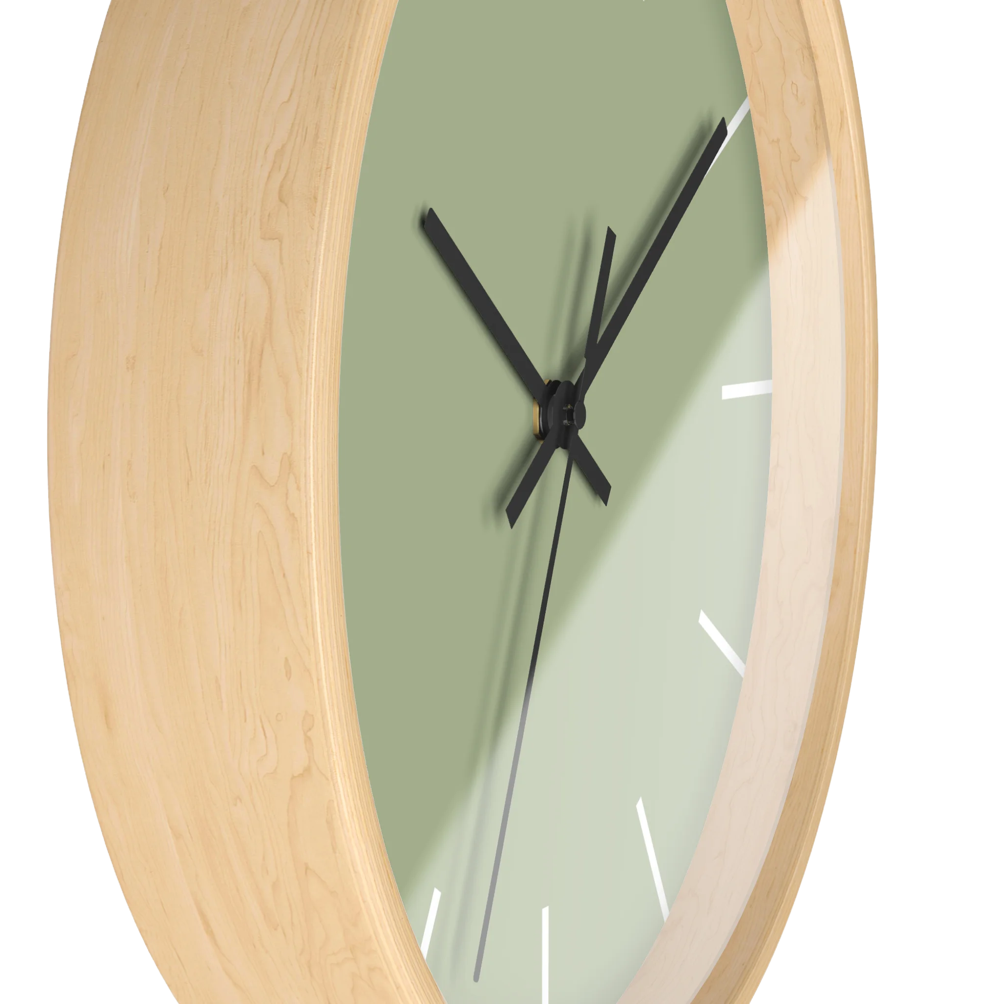 Schist green silent wall clock, wooden base, black hands, white markers, 10 inch, side view.