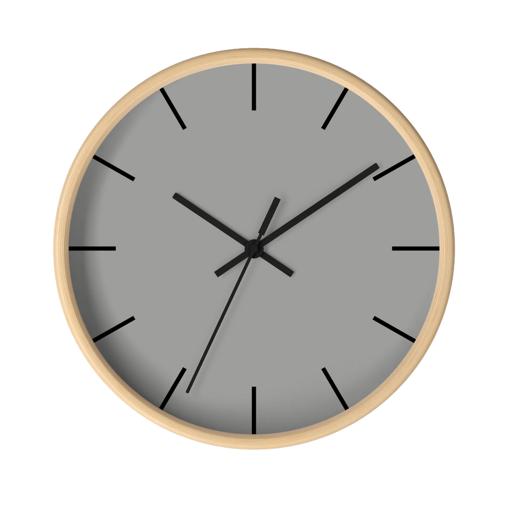 Stardust grey silent wall clock, wooden base, black hands, black markers, 10 inch, front view.