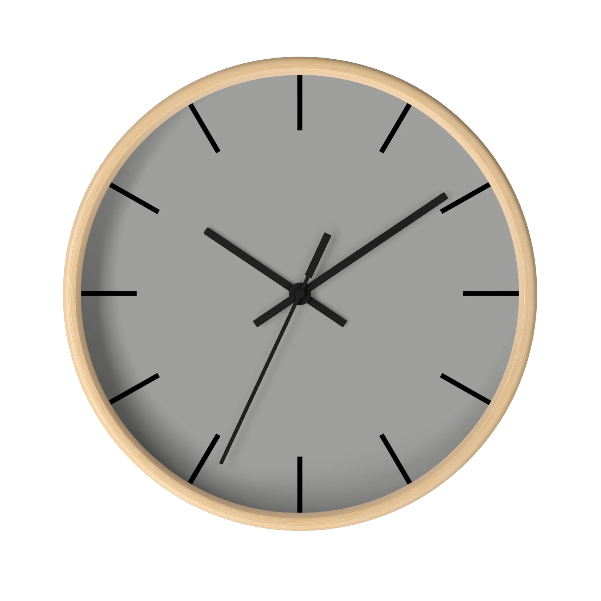 Stardust grey silent wall clock, wooden base, black hands, black markers, 10 inch, front view.