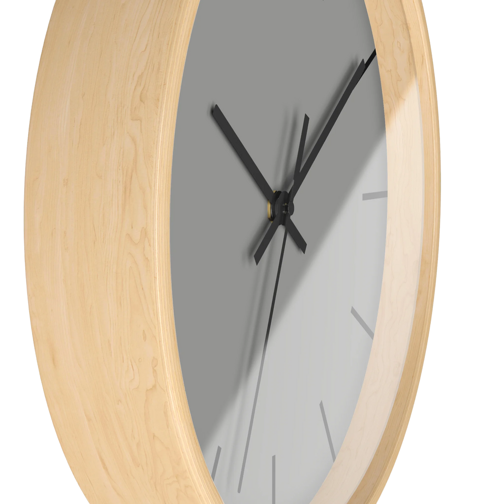 Stardust grey silent wall clock, wooden base, black hands, black markers, 10 inch, side view.