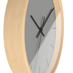 Stardust grey silent wall clock, wooden base, black hands, black markers, 10 inch, side view.