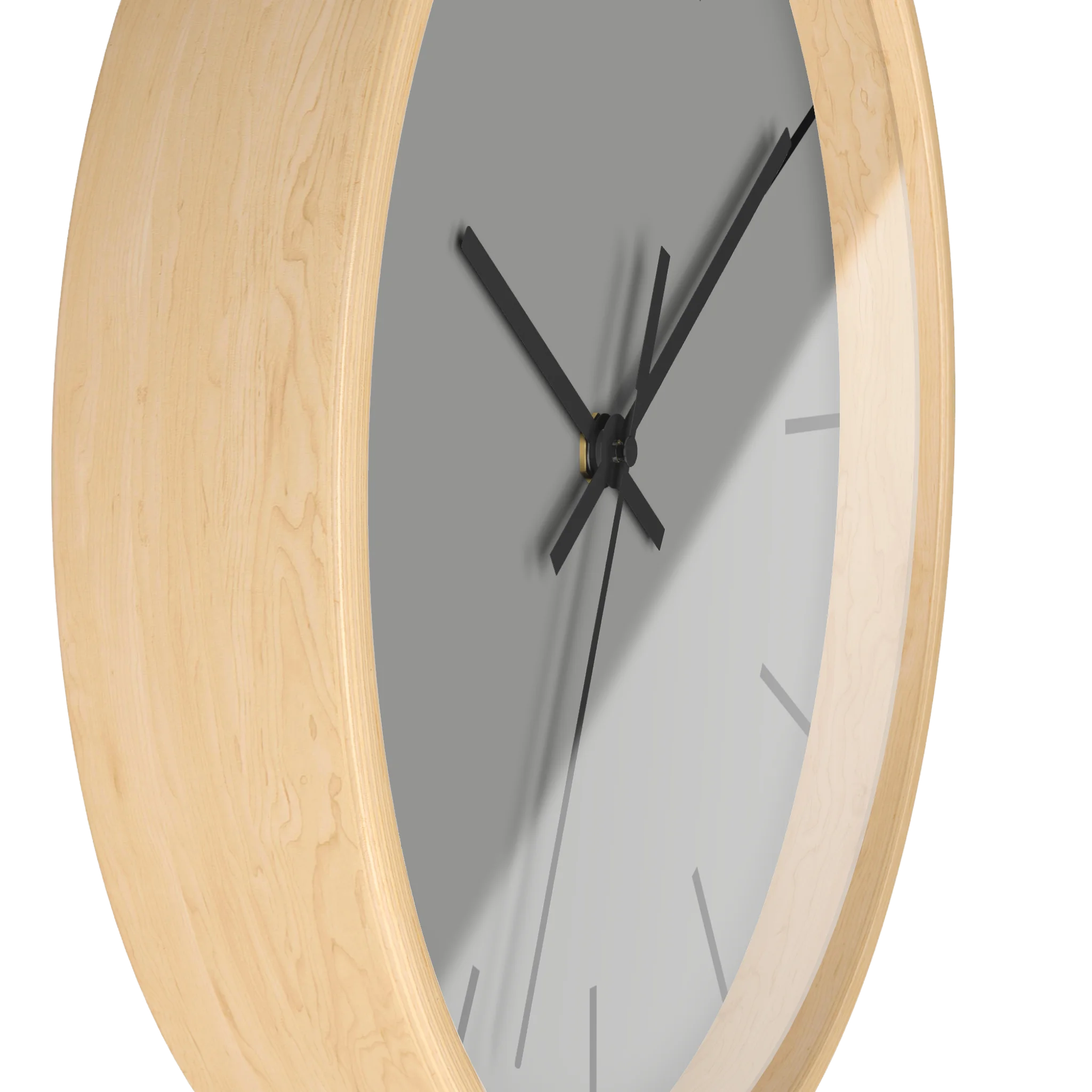 Stardust grey silent wall clock, wooden base, black hands, black markers, 10 inch, side view.
