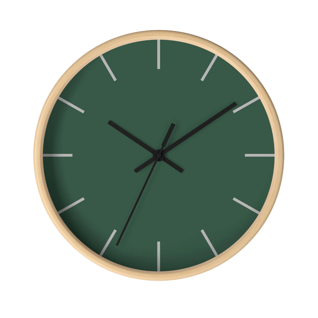 Stromboli green silent wall clock, wooden base, black hands, stardust grey markers, 10 inch, front view.