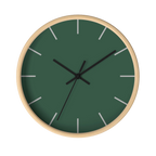 Stromboli green silent wall clock, wooden base, black hands, stardust grey markers, 10 inch, front view.