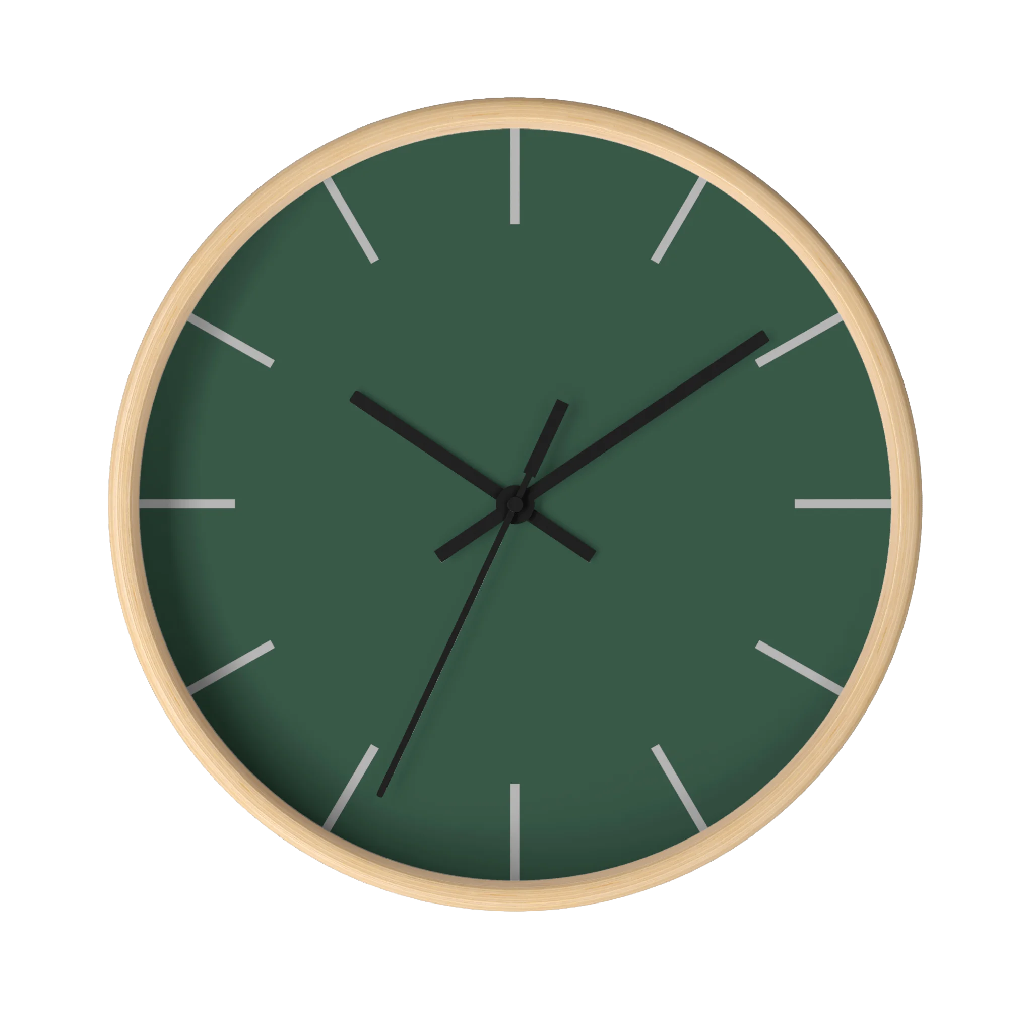 Stromboli green silent wall clock, wooden base, black hands, stardust grey markers, 10 inch, front view.