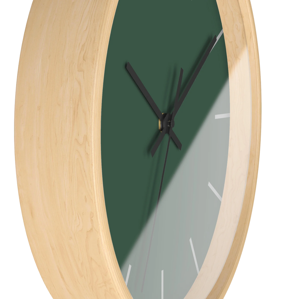 Stromboli green silent wall clock, wooden base, black hands, stardust grey markers, 10 inch, side view.