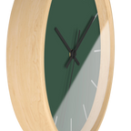 Stromboli green silent wall clock, wooden base, black hands, stardust grey markers, 10 inch, side view.