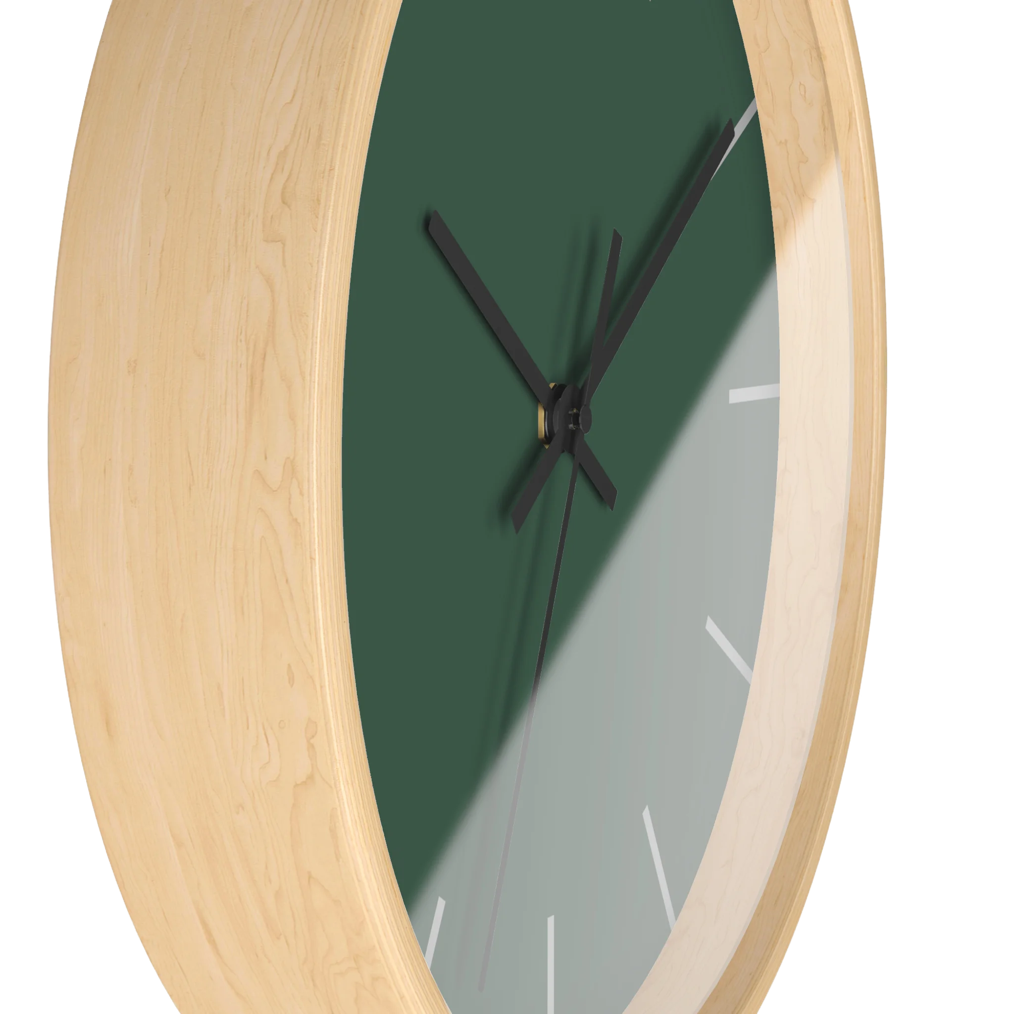 Stromboli green silent wall clock, wooden base, black hands, stardust grey markers, 10 inch, side view.