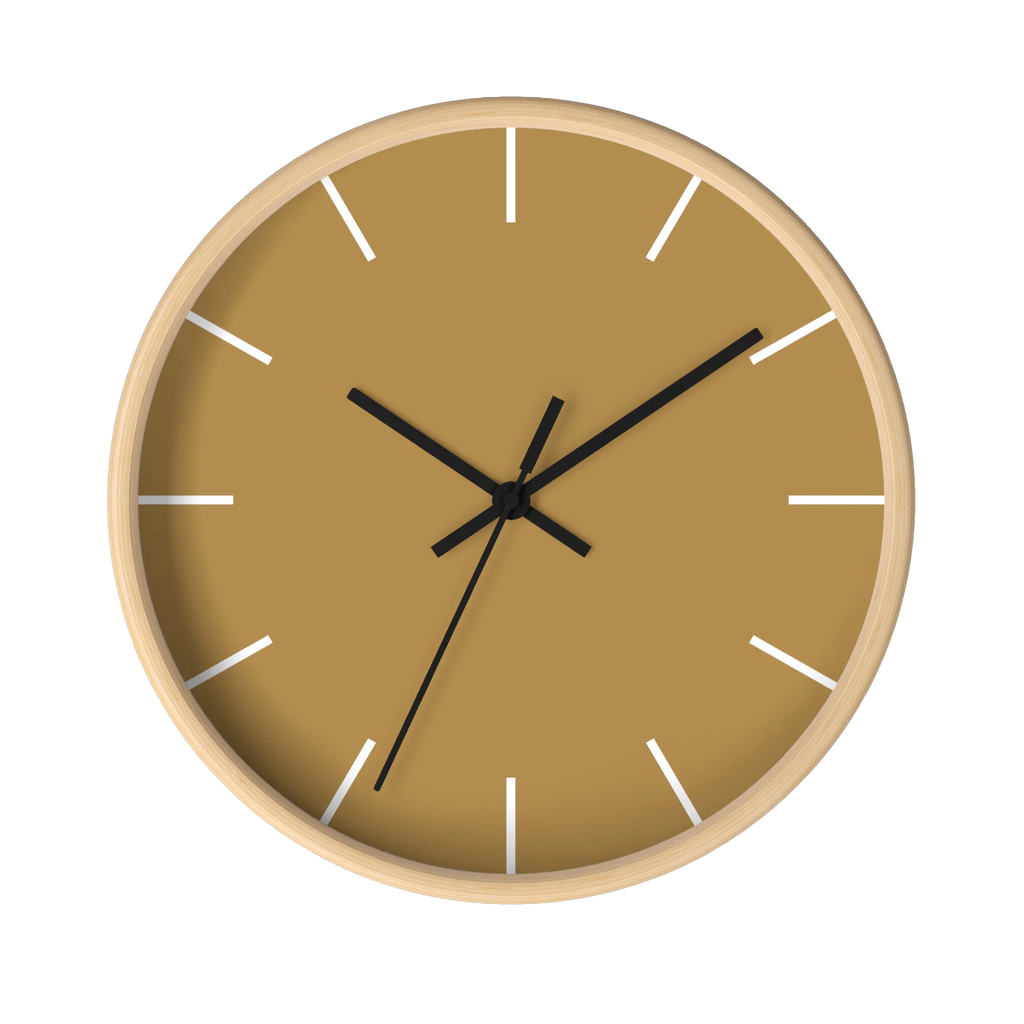 Tan driftwood brown silent wall clock, wooden base, black hands, white markers, 10 inch, front view.