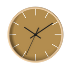 Tan driftwood brown silent wall clock, wooden base, black hands, white markers, 10 inch, front view.