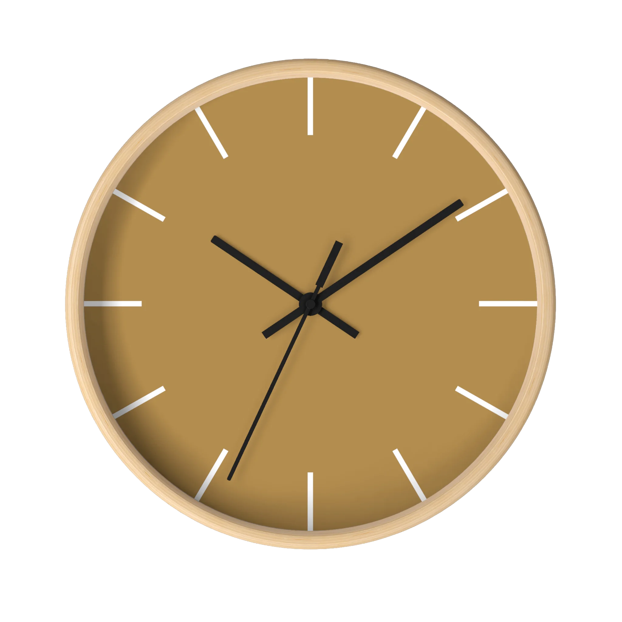 Tan driftwood brown silent wall clock, wooden base, black hands, white markers, 10 inch, front view.